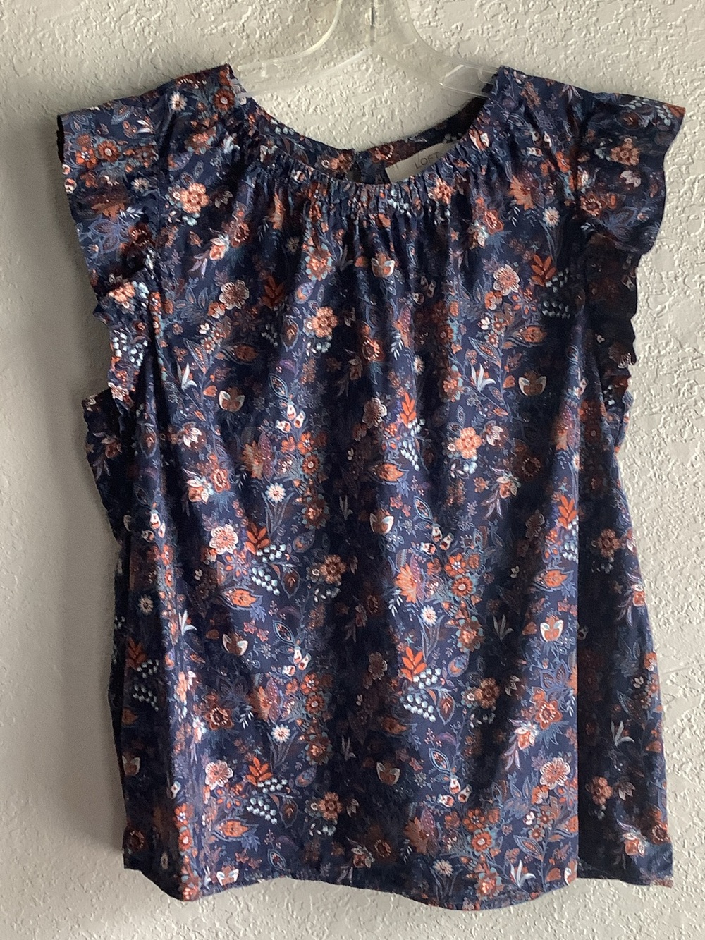 LOFT Navy Floral Flutter Sleeve Blouse